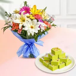 Pista Barfi from Karachi Sweet Mart with Seasonal Flower Bouquet 1