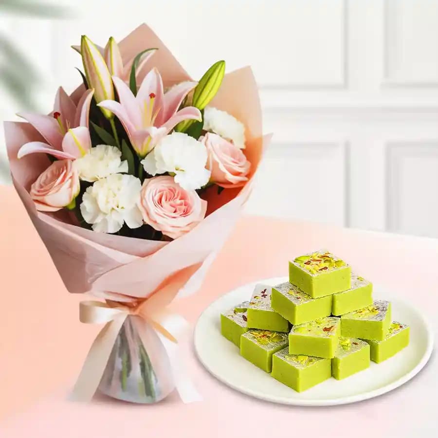 Pista Barfi from Karachi Sweet Mart with a Mixed Flowers Bouquet