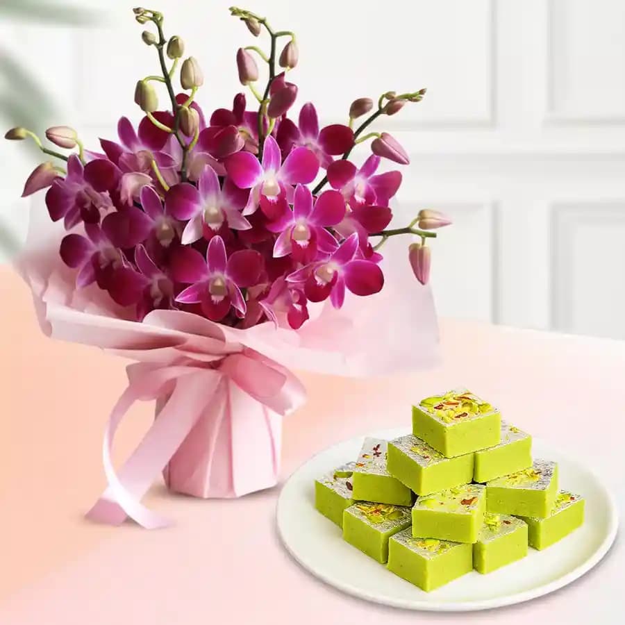 Pista Barfi from Karachi Sweet Mart with Orchid Bouquet
