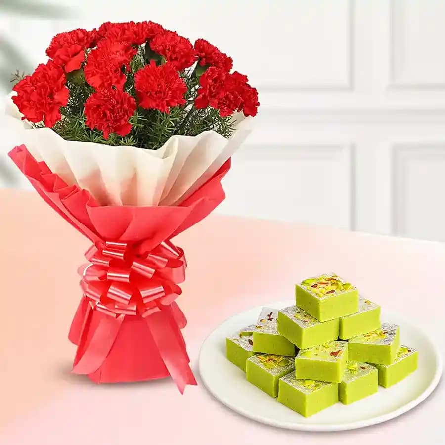Pista Barfi from Karachi Sweet Mart with Red Carnation Tissue Wrapped Bouquet