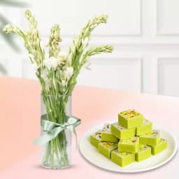 Pista Barfi from Karachi Sweet Mart with Rajnigandha Stems in a Glass Vase 1
