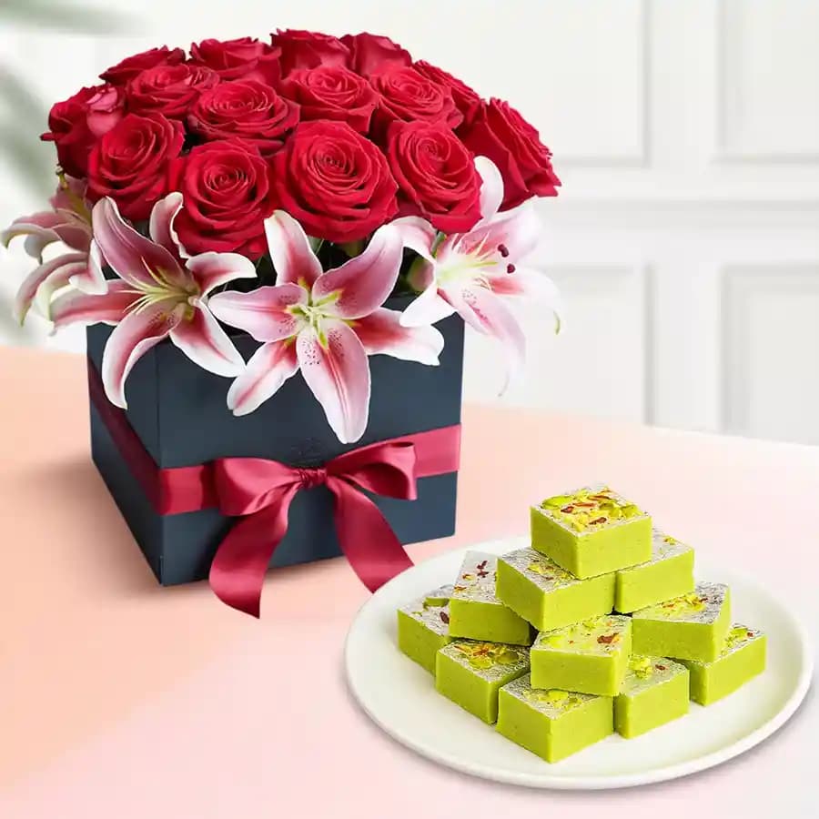 Pista Barfi from Karachi Sweet Mart with a Designer Flower Arrangement