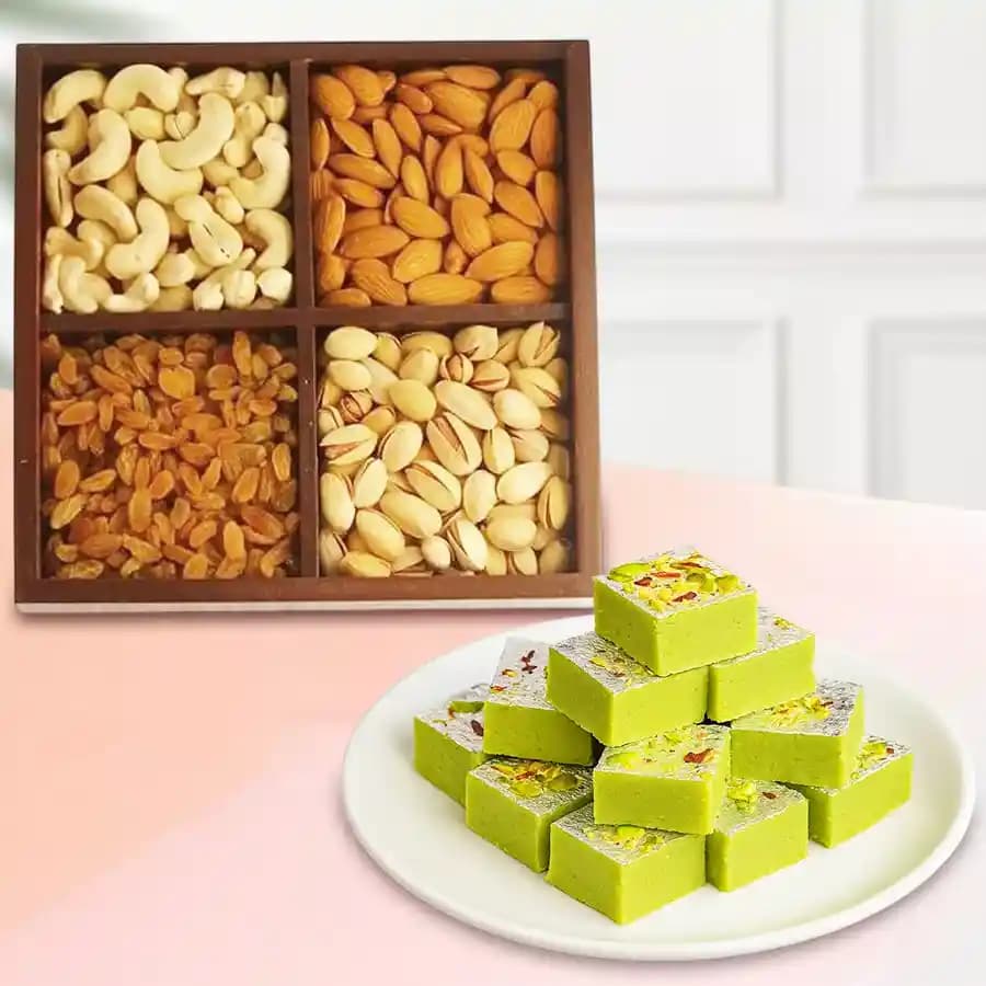Pista Barfi from Karachi Sweet Mart with Assorted Dry Fruits