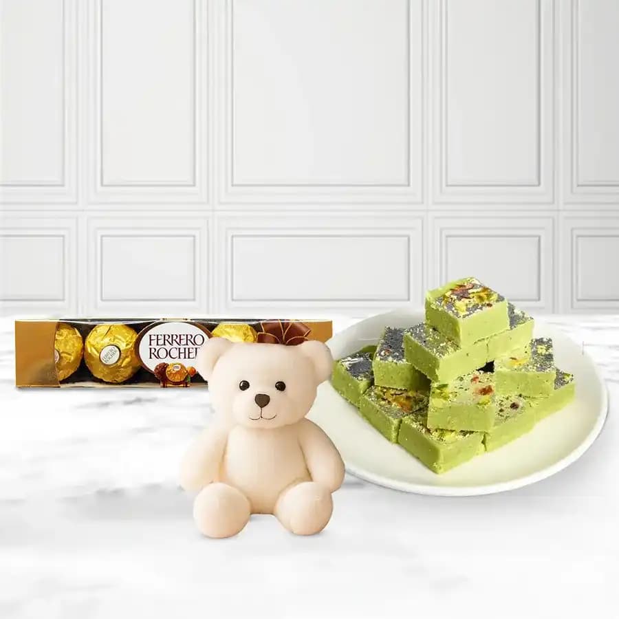Pista Barfi from Karachi Sweet Mart with Teddy N Ferrero Rocher