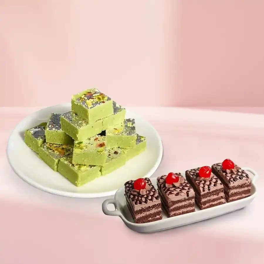 Pista Barfi from Karachi Sweet Mart with Chocolate Pastry