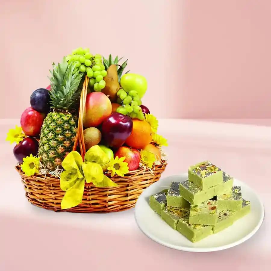 Pista Barfi from Karachi Sweet Mart with Fresh Fruit Basket