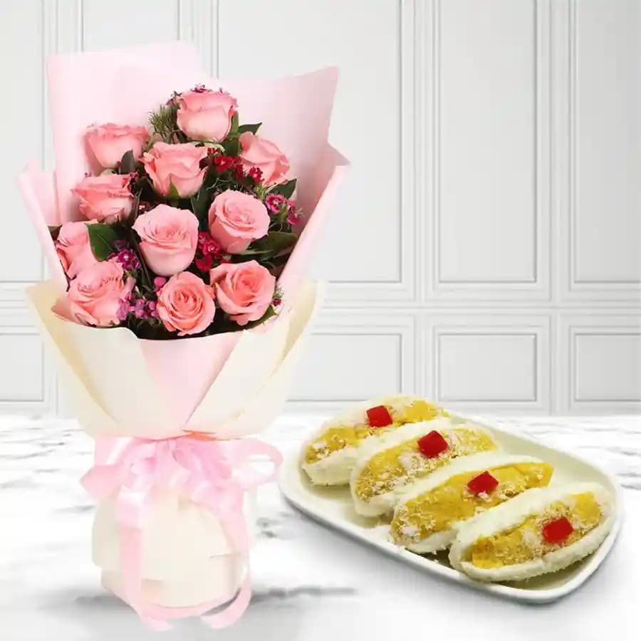 Cham Cham from Karachi Sweet Mart with Pink Rose Bouquet