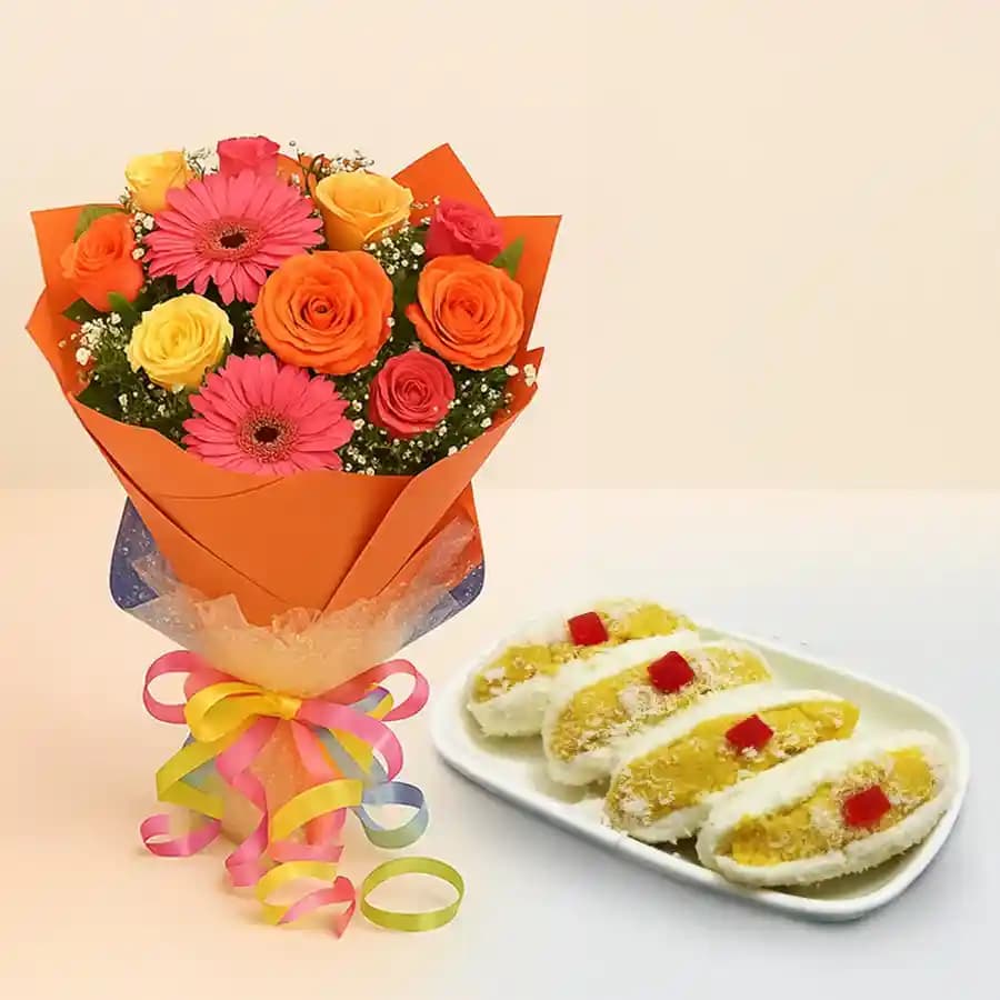 Cham Cham from Karachi Sweet Mart with Seasonal Flower Bouquet