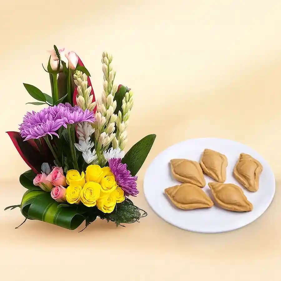 Nolen Gurer Shankh Sandesh from Ganguram with Mixed Flower Arrangement