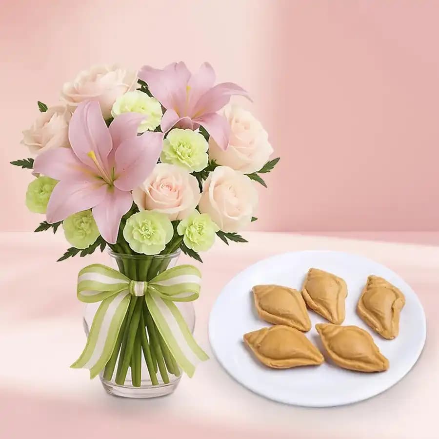 Nolen Gurer Shankh Sandesh from Ganguram with Mixed Flowers Bouquet