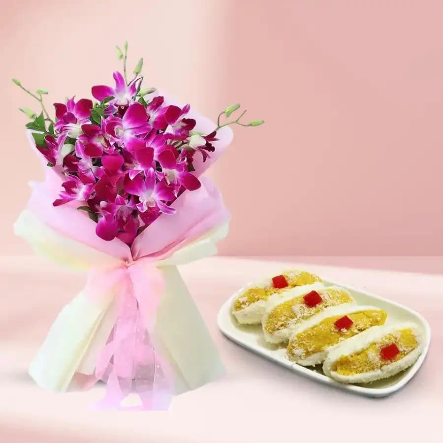 Cham Cham from Karachi Sweet Mart with Orchid Bouquet