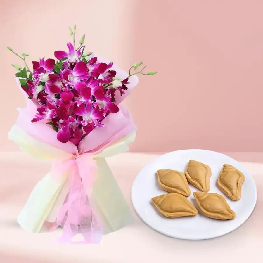 Nolen Gurer Shankh Sandesh from Ganguram with Orchid Bouquet