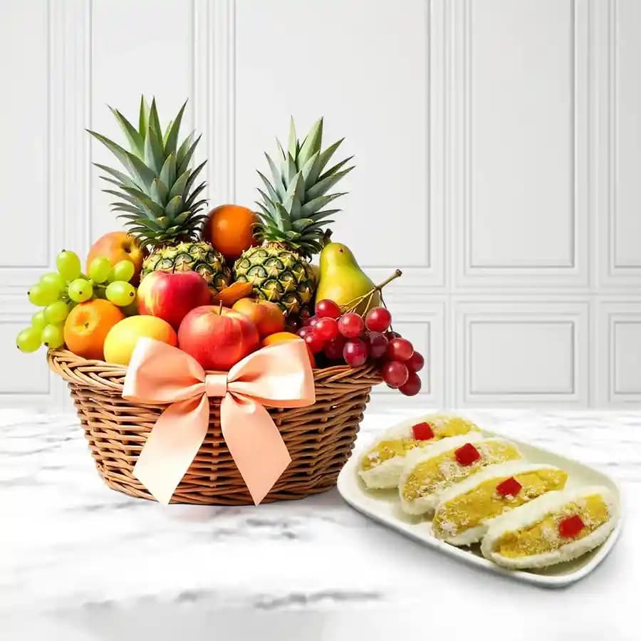 Cham Cham from Karachi Sweet Mart with Fresh Fruit Basket