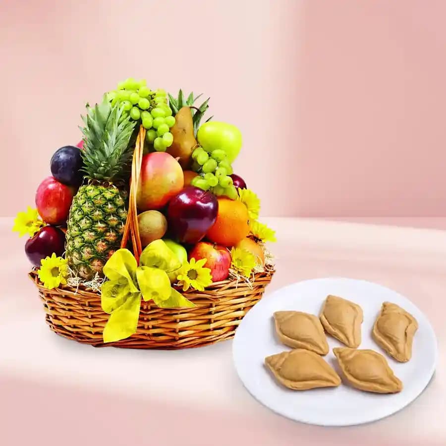 Nolen Gurer Shankh Sandesh from Ganguram with Fresh Fruit Basket