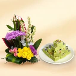 Pista Barfi from Karachi Sweet Mart with a Mixed Flower Arrangement 1