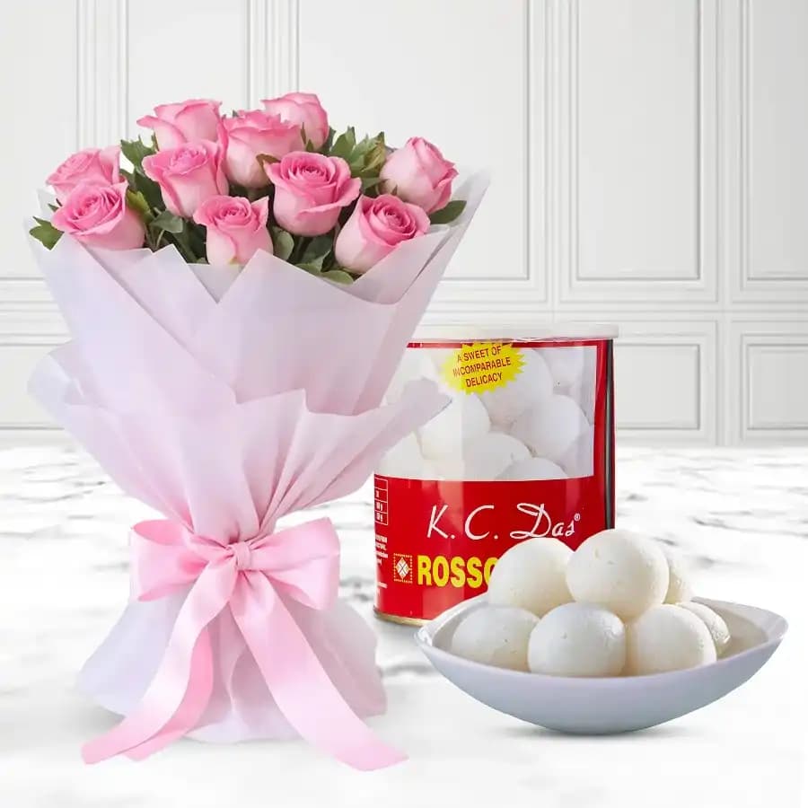 Canned Rossogolla from K.C.Das with Pink Rose Bouquet
