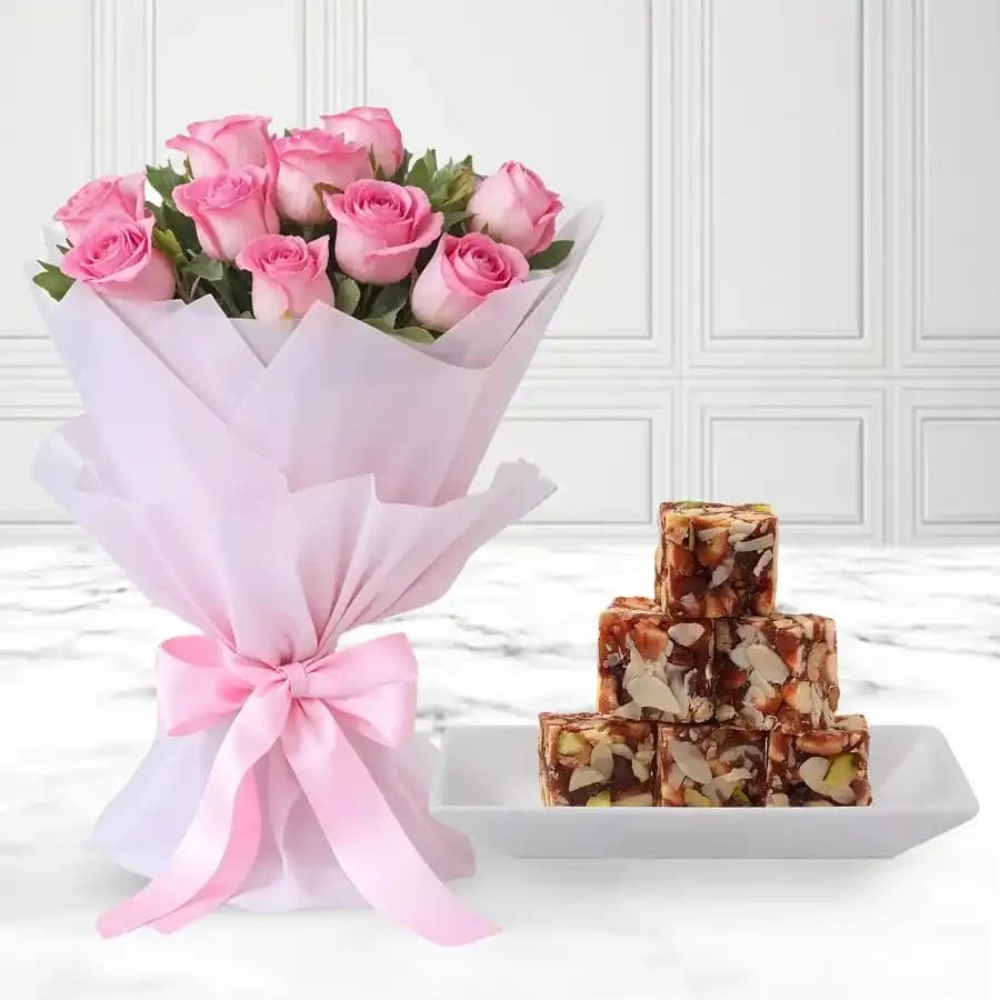 Dry Fruits Barfi from Mithas Delicious Sweets with Pink Rose Bouquet