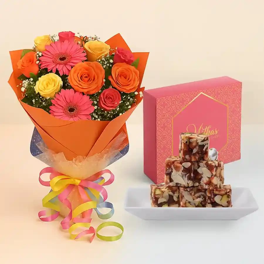 Dry Fruits Barfi from Mithas Delicious Sweets with Seasonal Flower Bouquet