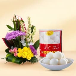 Canned Rossogolla from K.C.Das with Mixed Flower Arrangement 1