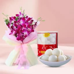 Canned Rossogolla from K.C.Das with Orchid Bouquet 1