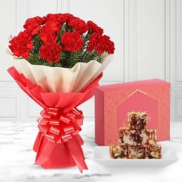 Dry Fruits Barfi from Mithas Delicious Sweets with Red Carnation Tissue Wrapped Bouquet 1