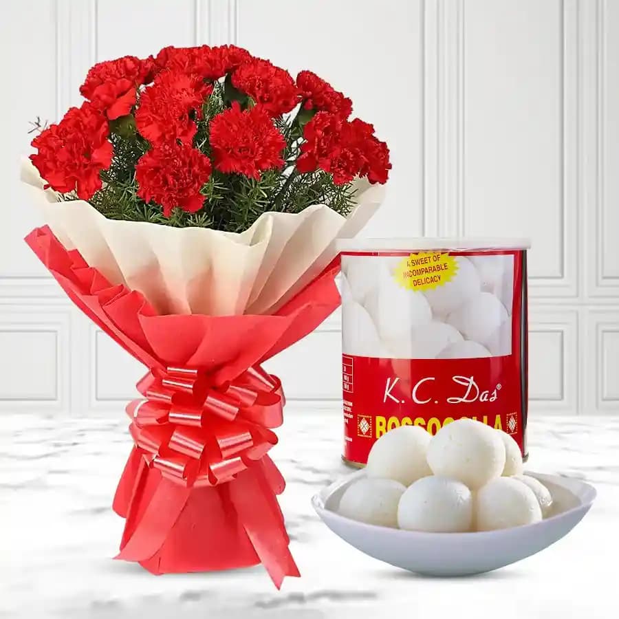 Canned Rossogolla from K.C.Das with Red Carnation Bouquet