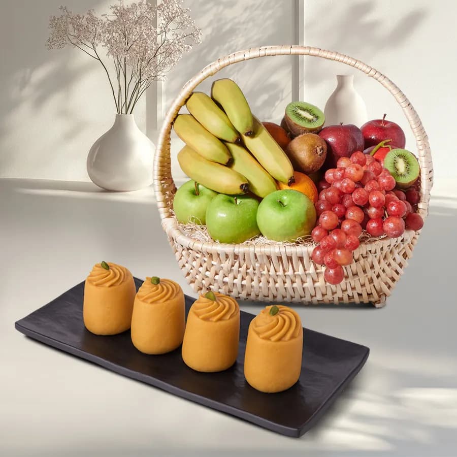 Canned Rossogolla from K.C.Das with Fresh Fruit Basket