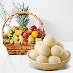 Canned Rossogolla from K.C.Das with Fresh Fruit Basket 1