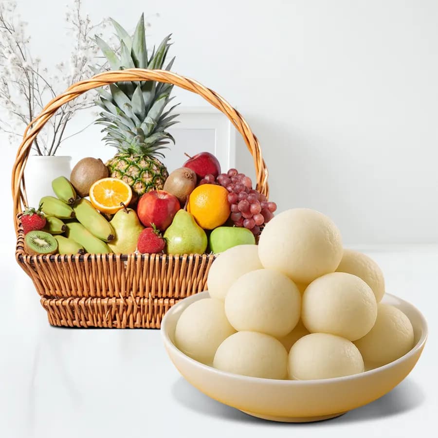 Canned Rossogolla from K.C.Das with Fresh Fruit Basket