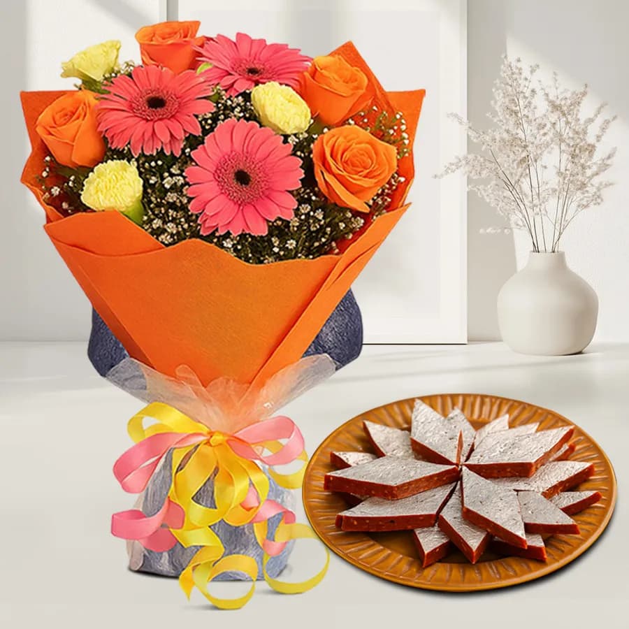 Anjeer Katli from Mithas Delicious Sweets with Seasonal Flower Bouquet