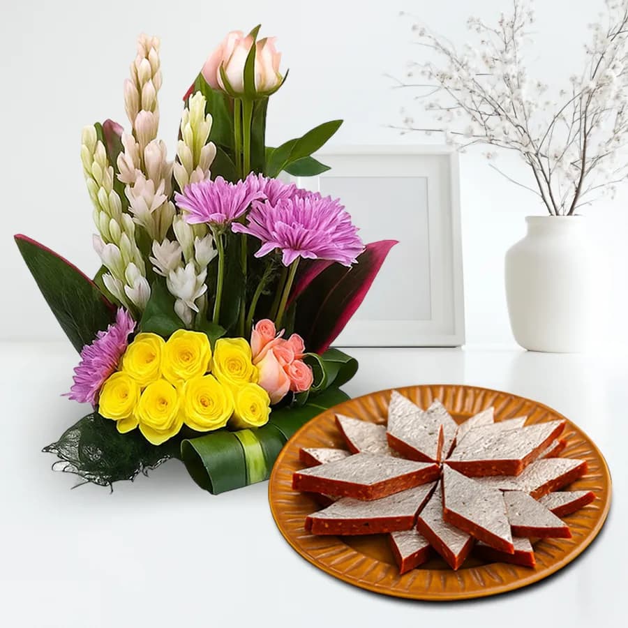 Anjeer Katli from Mithas Delicious Sweets with Mixed Flower Arrangement