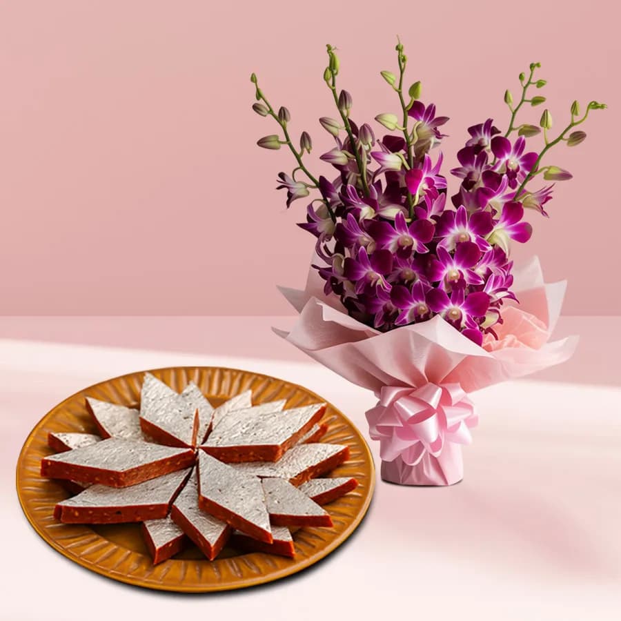 Anjeer Katli from Mithas Delicious Sweets with Orchid Bouquet