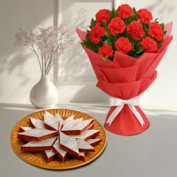 Anjeer Katli from Mithas Delicious Sweets with Red Carnation Tissue Wrapped Bouquet 1