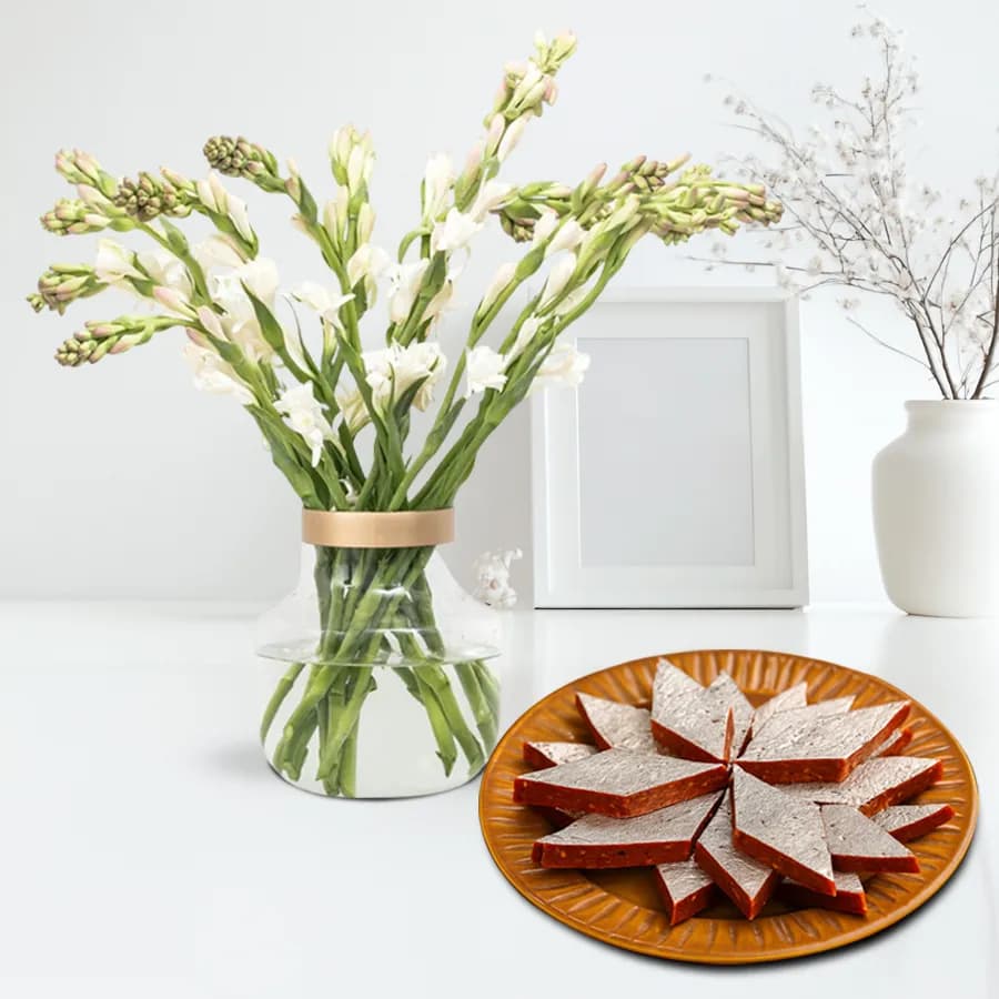 Anjeer Katli from Mithas Delicious Sweets with Rajanigandha Stems in Glass Vase