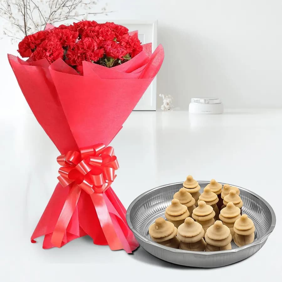 Amrita Kumbha from K.C.Das with Red Carnation Bouquet