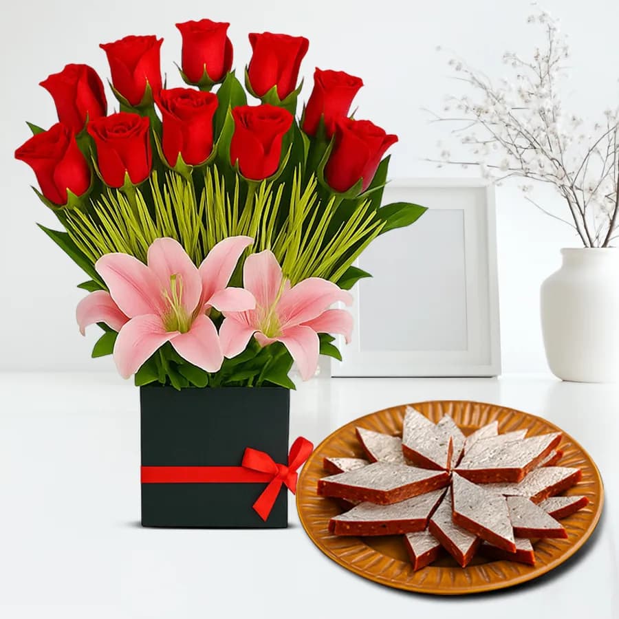 Anjeer Katli from Mithas Delicious Sweets with Designer Flower Arrangement