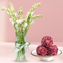 Sumptuous Kaju Rose Laddu with Stylish Floral Vase 1