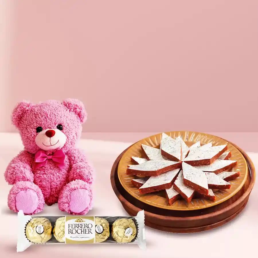 Anjeer Katli from Mithas Delicious Sweets with Teddy N Ferrero Rocher Chocolate Pack