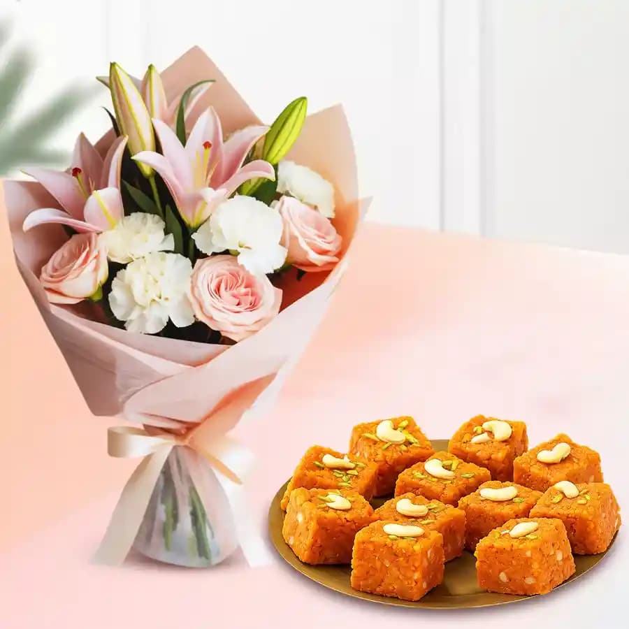 Akhrot Barfi from Mithas Delicious Sweets with Mixed Flowers Bouquet