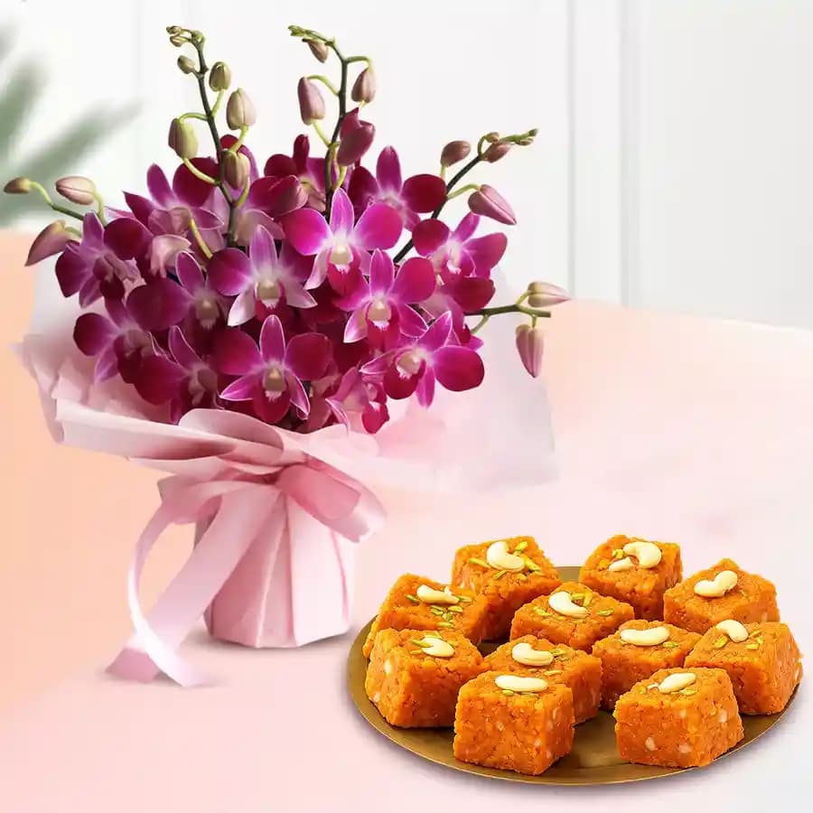 Akhrot Barfi from Mithas Delicious Sweets with Orchid Bouquet