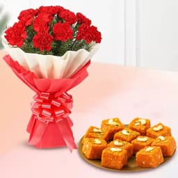 Akhrot Barfi from Mithas Delicious Sweets with Red Carnation Tissue Wrapped Bouquet 1