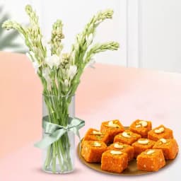 Akhrot Barfi from Mithas Delicious Sweets with Rajanigandha Stems in Glass Vase 1