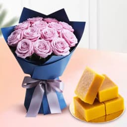 Elegant Delight: Mysore Pak & Rose Bouquet 1