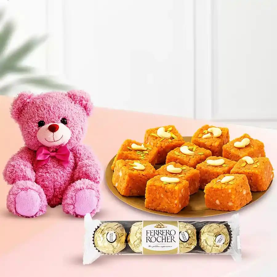 Akhrot Barfi from Mithas Delicious Sweets with Teddy N Ferrero Rocher Chocolate Pack