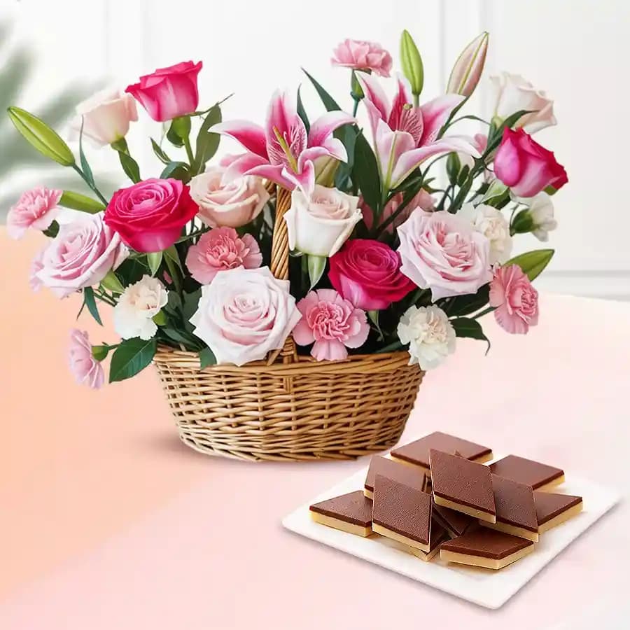 Chocolate Katli from Mithas Delicious Sweets with a Mixed Flower Arrangement