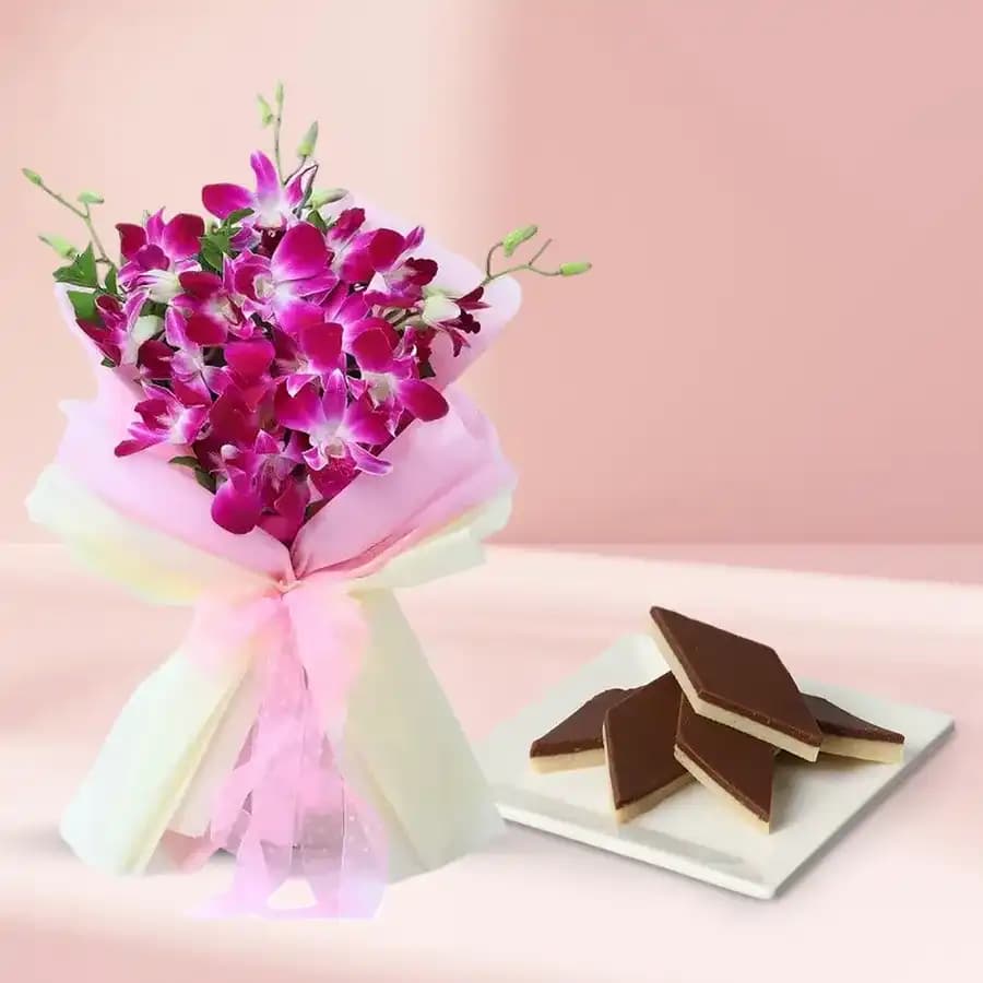 Chocolate Katli from Mithas Delicious Sweets with Orchid Bouquet