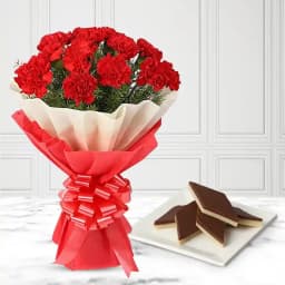 Chocolate Katli from Mithas Delicious Sweets with Red Carnation Tissue Wrapped Bouquet 1