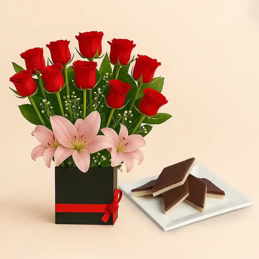 Chocolate Katli from Mithas Delicious Sweets with a Designer Flower Arrangement