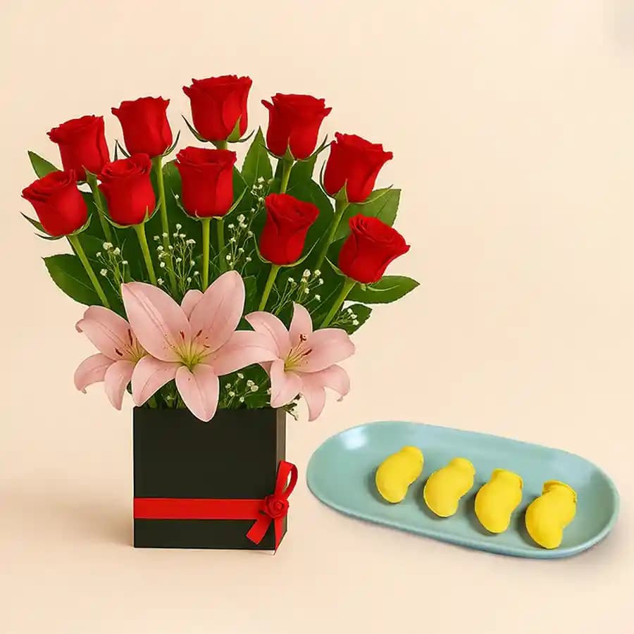 Aam Bhora Sondesh from K.C.Das with Designer Flower Arrangement