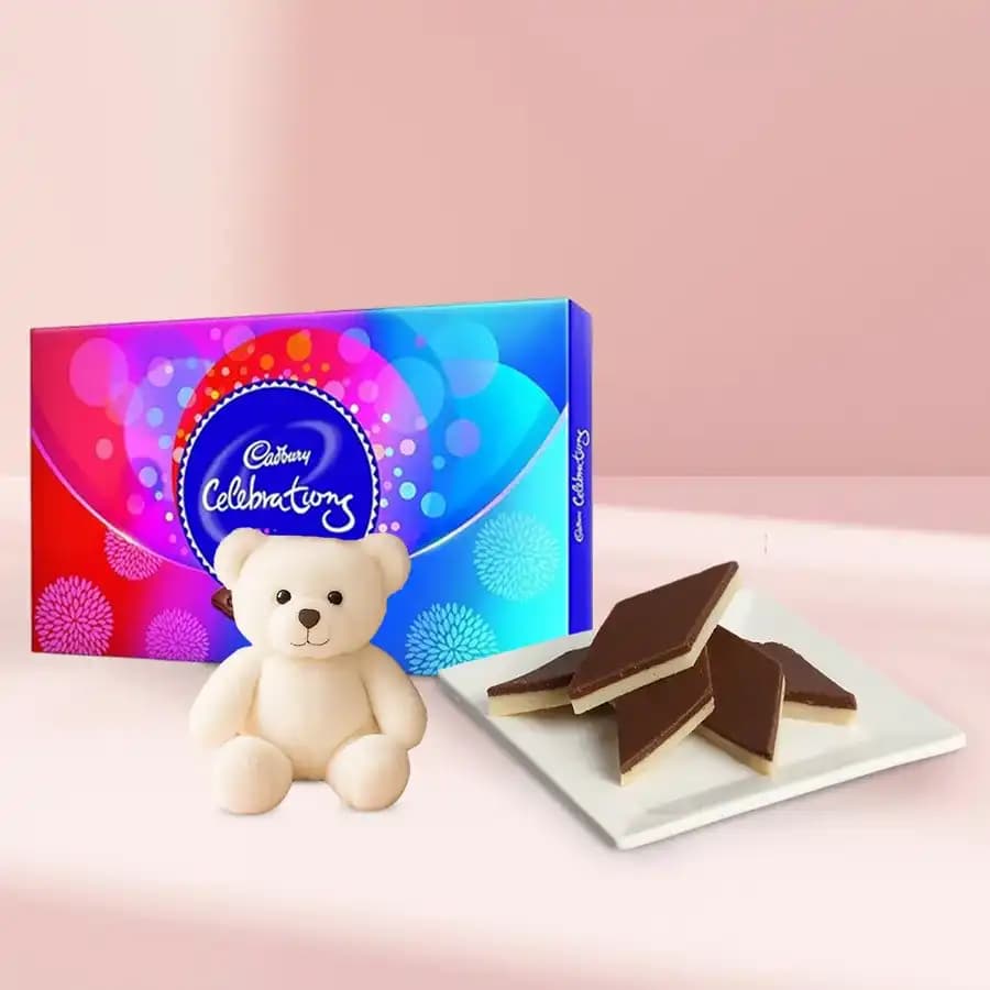 Chocolate Katli from Mithas Delicious Sweets with Teddy N Cadbury Celebration Chocolate Pack